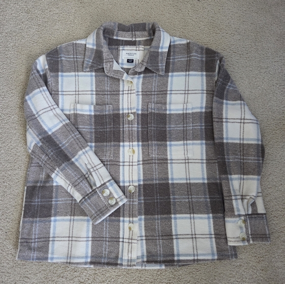 American Eagle Woman's Fleece Plaid Shacket Brown Size Small - Picture 11 of 13